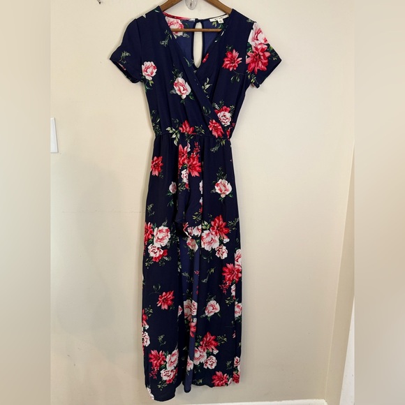 Mi Ami Navy Blue cottage Floral romper maxi Dress overlay v neck keyhole nape XS - Picture 1 of 11